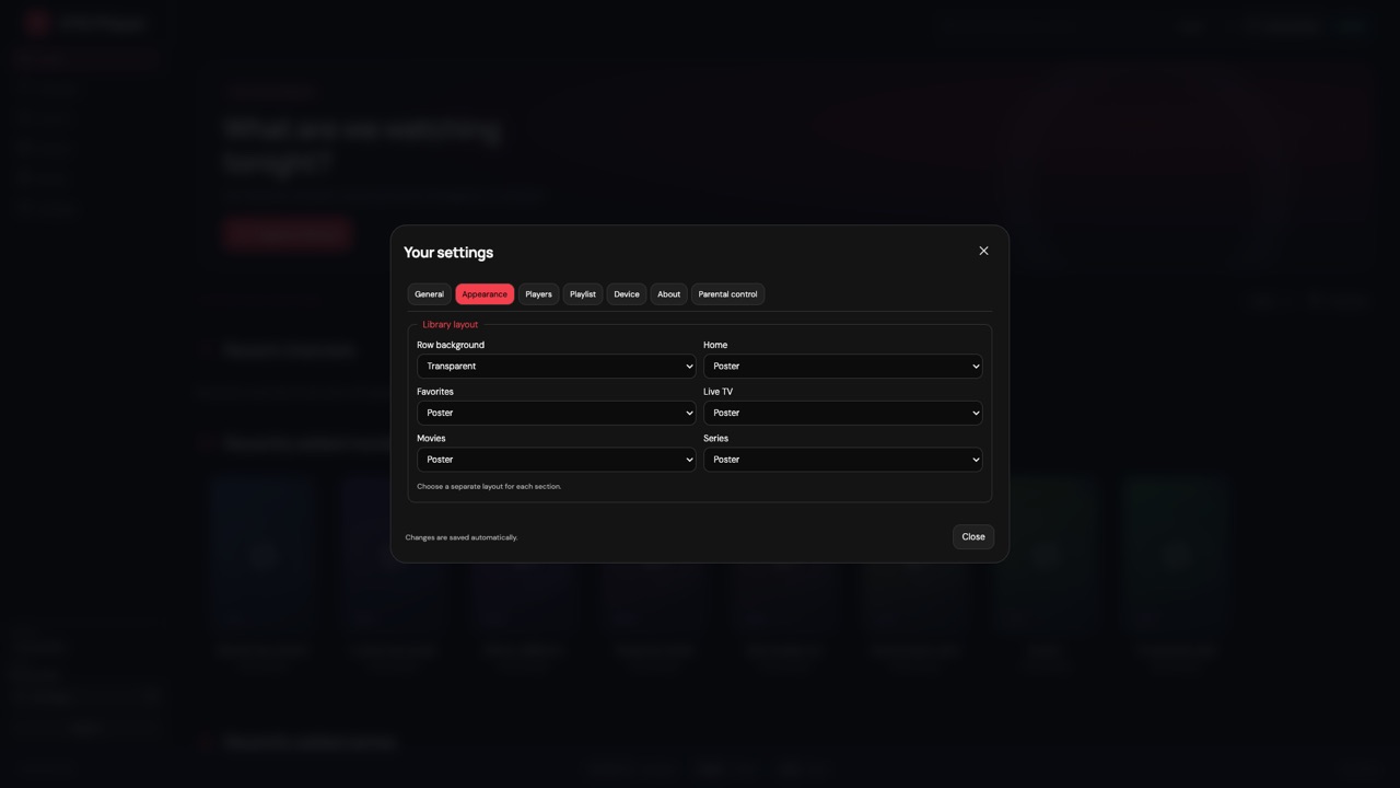 ZYO Player: Settings: a layout for each section